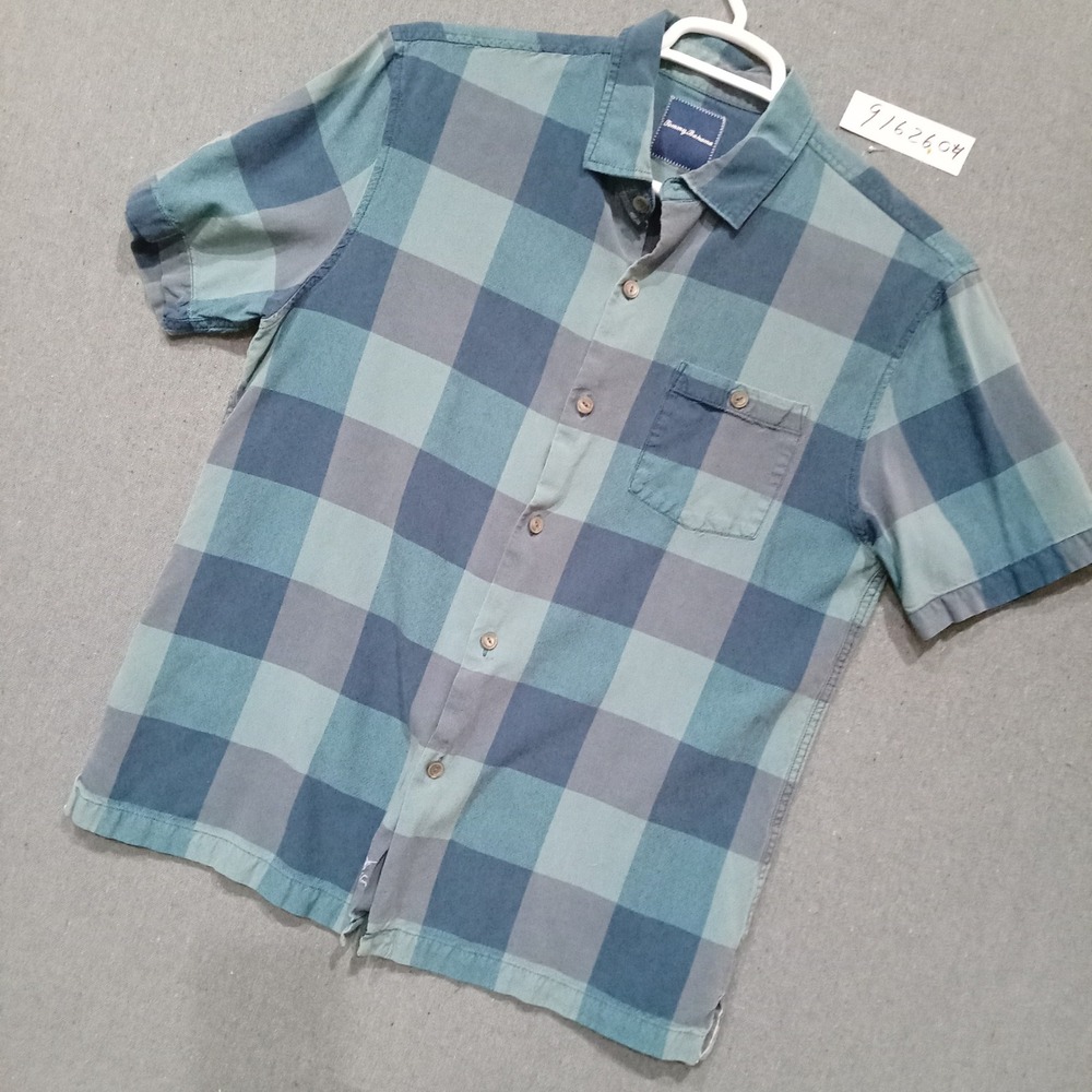 Tommy Bahama Mens Large 100% Silk Short Sleeve Buffalo Check Button Down Shirt